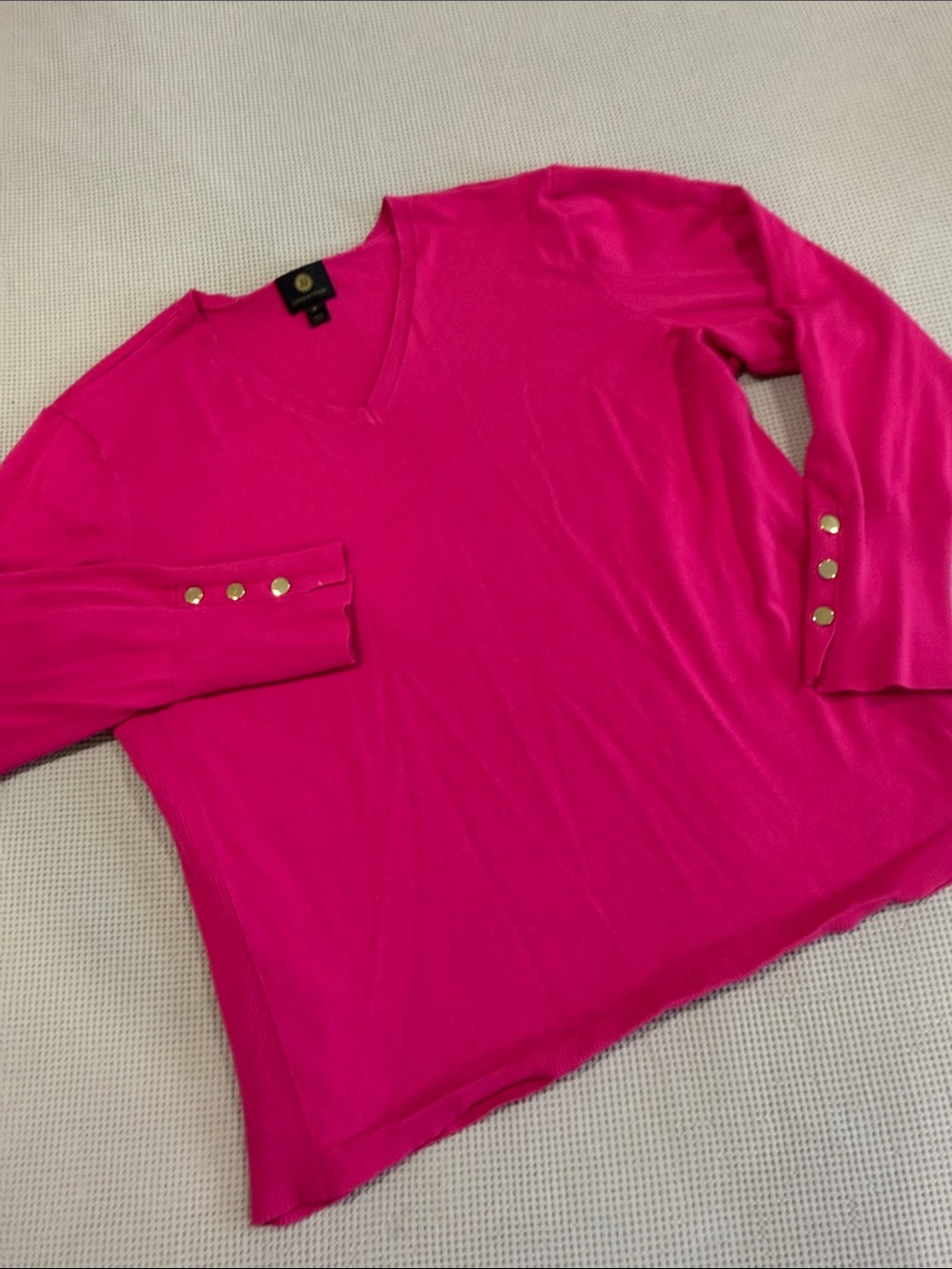 JM Collection Hot Pink V-Neck Sweater with Gold Cuff Buttons